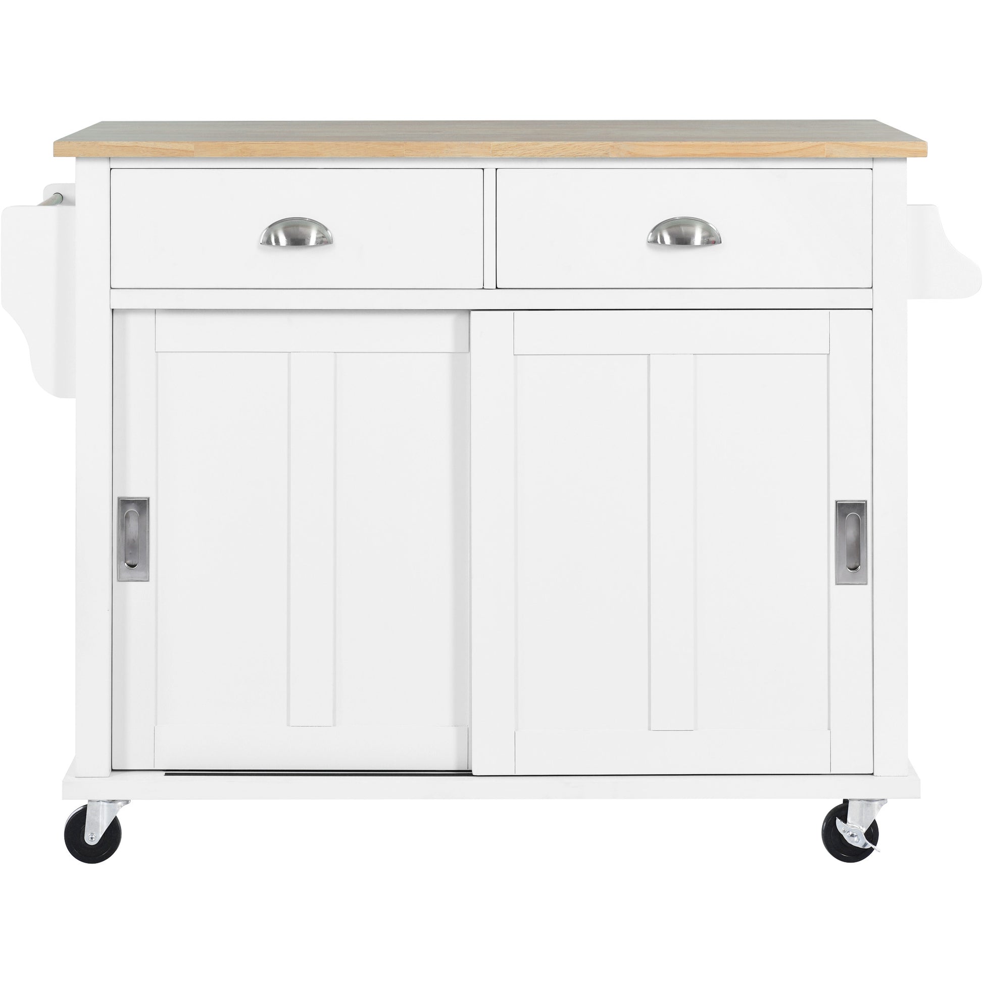 Kitchen Cart With Rubber Wood Drop Leaf Countertop, Concealed Sliding Barn Door Adjustable Height,Kitchen Island On 4 Wheels With Storage Cabinet And 2 Drawers,L52.2Xw30.5Xh36.6 Inch, White White
