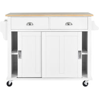 Kitchen Cart With Rubber Wood Drop Leaf Countertop, Concealed Sliding Barn Door Adjustable Height,Kitchen Island On 4 Wheels With Storage Cabinet And 2 Drawers,L52.2Xw30.5Xh36.6 Inch, White White