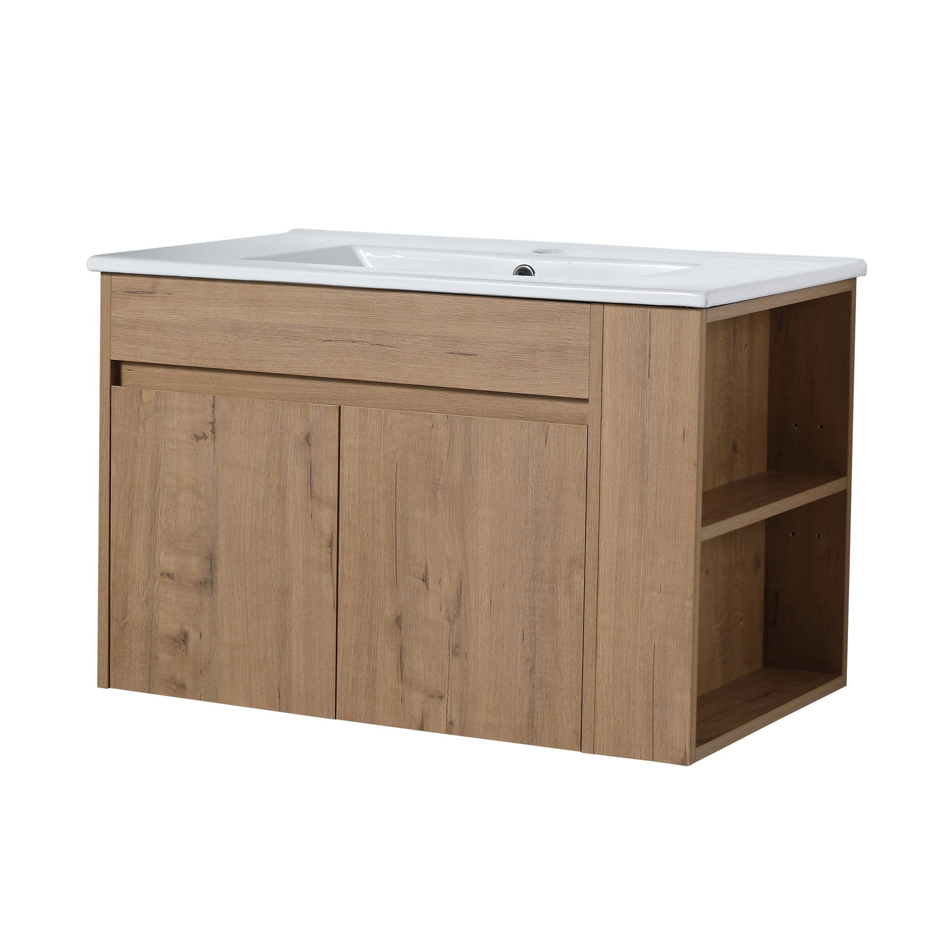 30 Inch Bathroom Vanity With White Ceramic Basin And Adjust Open Shelf Kd Packing Imitative Oak Plywood