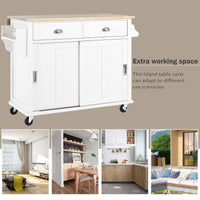 Kitchen Cart With Rubber Wood Drop Leaf Countertop, Concealed Sliding Barn Door Adjustable Height,Kitchen Island On 4 Wheels With Storage Cabinet And 2 Drawers,L52.2Xw30.5Xh36.6 Inch, White White