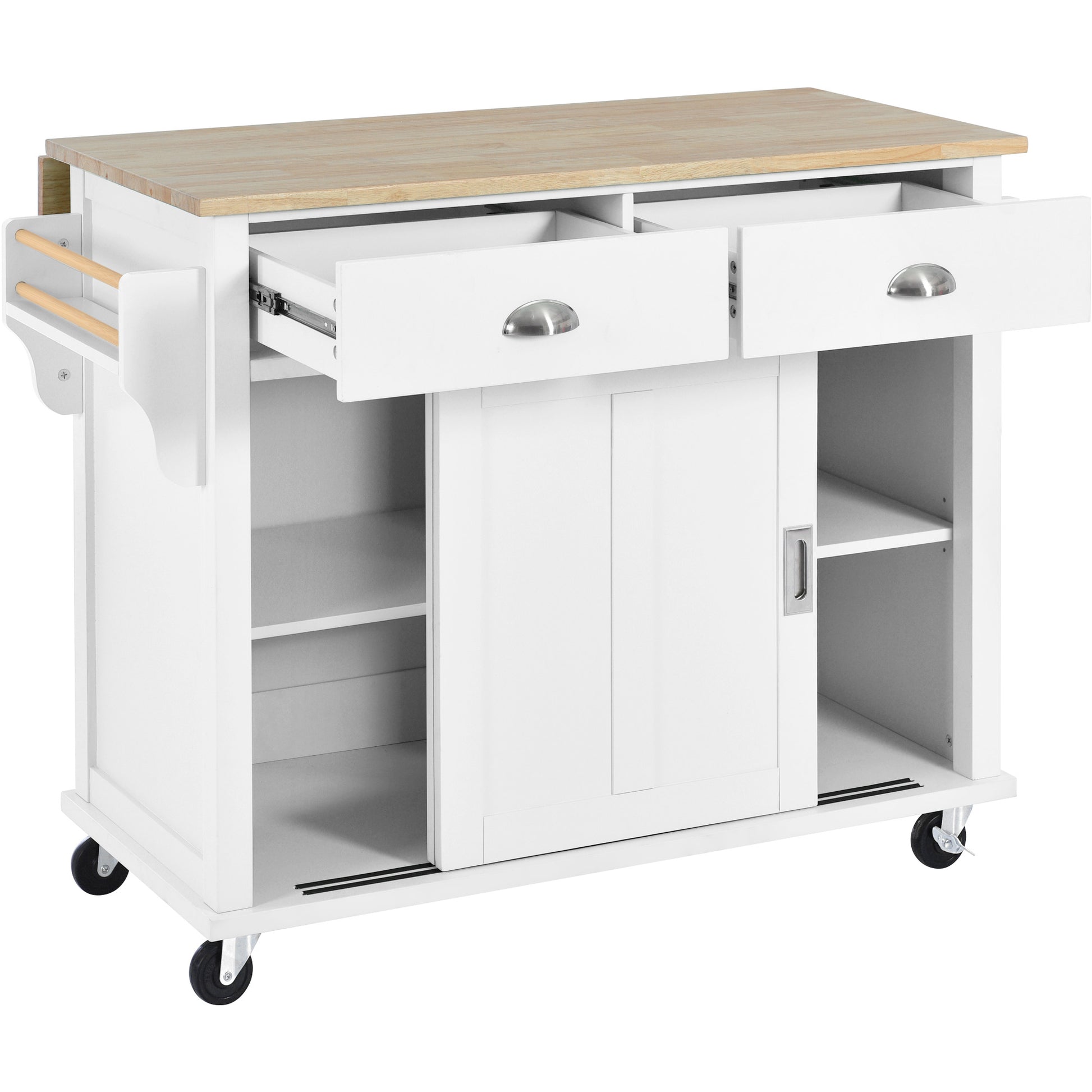 Kitchen Cart With Rubber Wood Drop Leaf Countertop, Concealed Sliding Barn Door Adjustable Height,Kitchen Island On 4 Wheels With Storage Cabinet And 2 Drawers,L52.2Xw30.5Xh36.6 Inch, White White