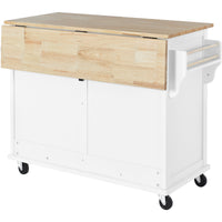 Kitchen Cart With Rubber Wood Drop Leaf Countertop, Concealed Sliding Barn Door Adjustable Height,Kitchen Island On 4 Wheels With Storage Cabinet And 2 Drawers,L52.2Xw30.5Xh36.6 Inch, White White