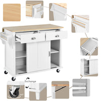 Kitchen Cart With Rubber Wood Drop Leaf Countertop, Concealed Sliding Barn Door Adjustable Height,Kitchen Island On 4 Wheels With Storage Cabinet And 2 Drawers,L52.2Xw30.5Xh36.6 Inch, White White