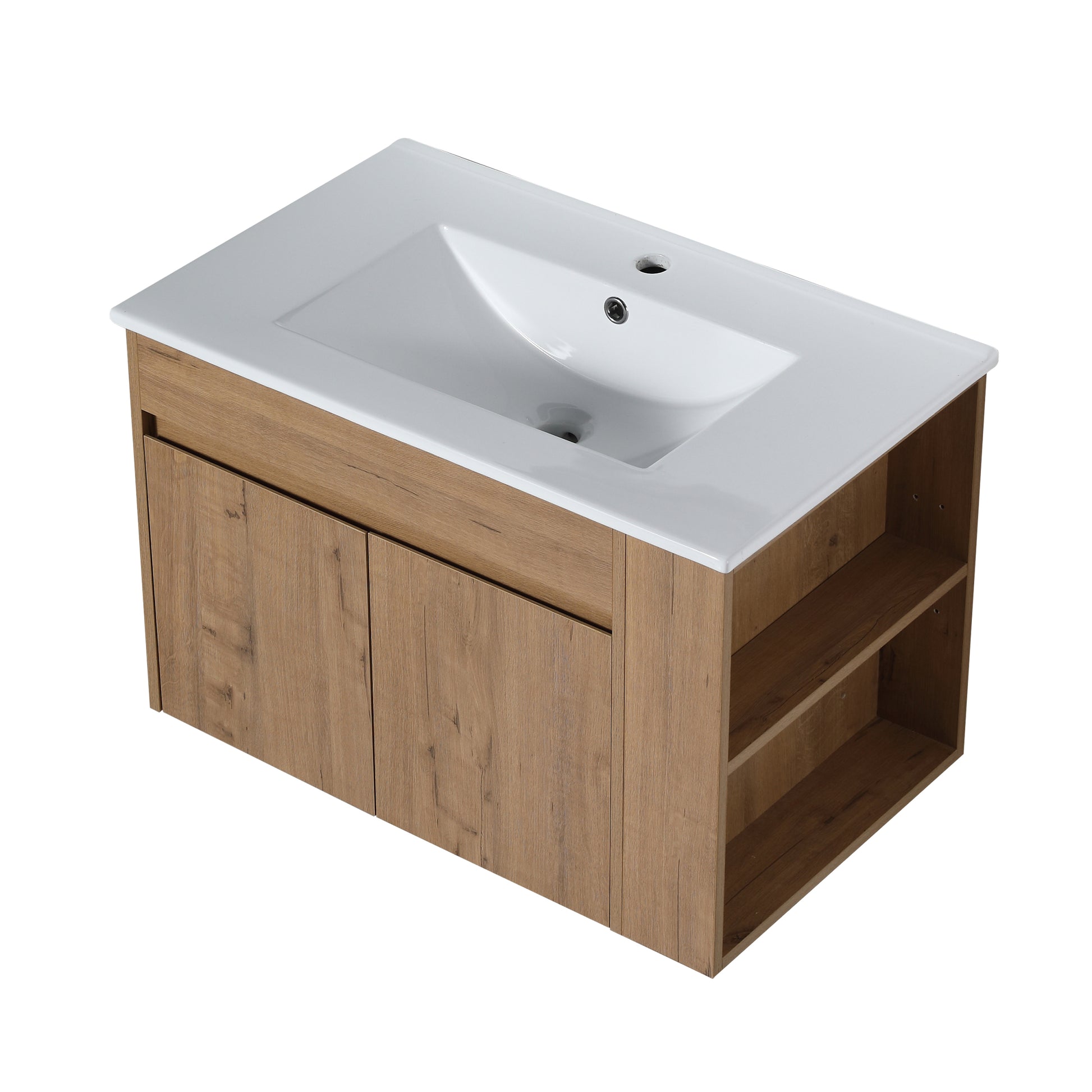 30 Inch Bathroom Vanity With White Ceramic Basin And Adjust Open Shelf Kd Packing Imitative Oak Plywood