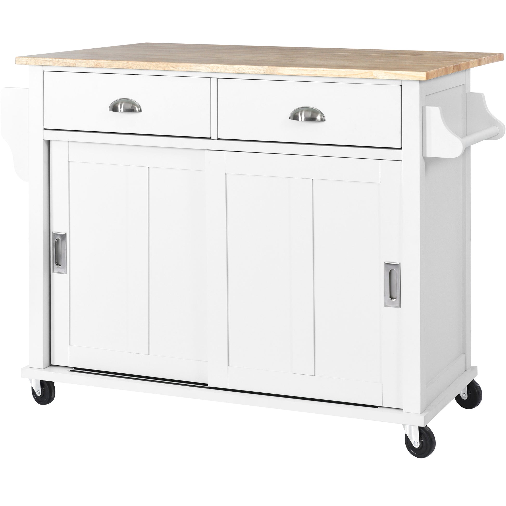 Kitchen Cart With Rubber Wood Drop Leaf Countertop, Concealed Sliding Barn Door Adjustable Height,Kitchen Island On 4 Wheels With Storage Cabinet And 2 Drawers,L52.2Xw30.5Xh36.6 Inch, White White