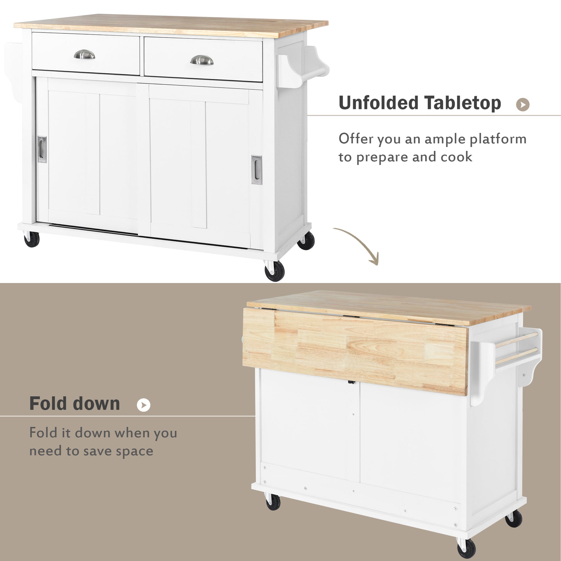 Kitchen Cart With Rubber Wood Drop Leaf Countertop, Concealed Sliding Barn Door Adjustable Height,Kitchen Island On 4 Wheels With Storage Cabinet And 2 Drawers,L52.2Xw30.5Xh36.6 Inch, White White