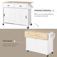 Kitchen Cart With Rubber Wood Drop Leaf Countertop, Concealed Sliding Barn Door Adjustable Height,Kitchen Island On 4 Wheels With Storage Cabinet And 2 Drawers,L52.2Xw30.5Xh36.6 Inch, White White