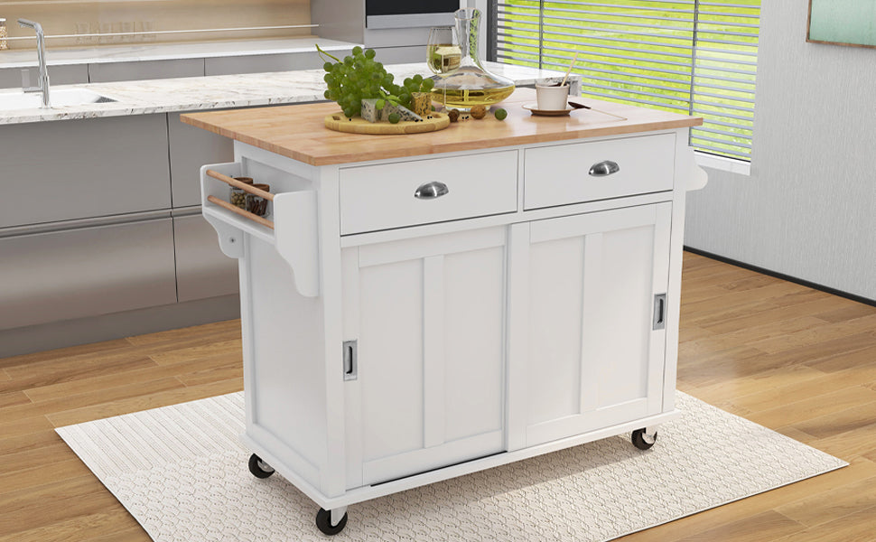 Kitchen Cart With Rubber Wood Drop Leaf Countertop, Concealed Sliding Barn Door Adjustable Height,Kitchen Island On 4 Wheels With Storage Cabinet And 2 Drawers,L52.2Xw30.5Xh36.6 Inch, White White