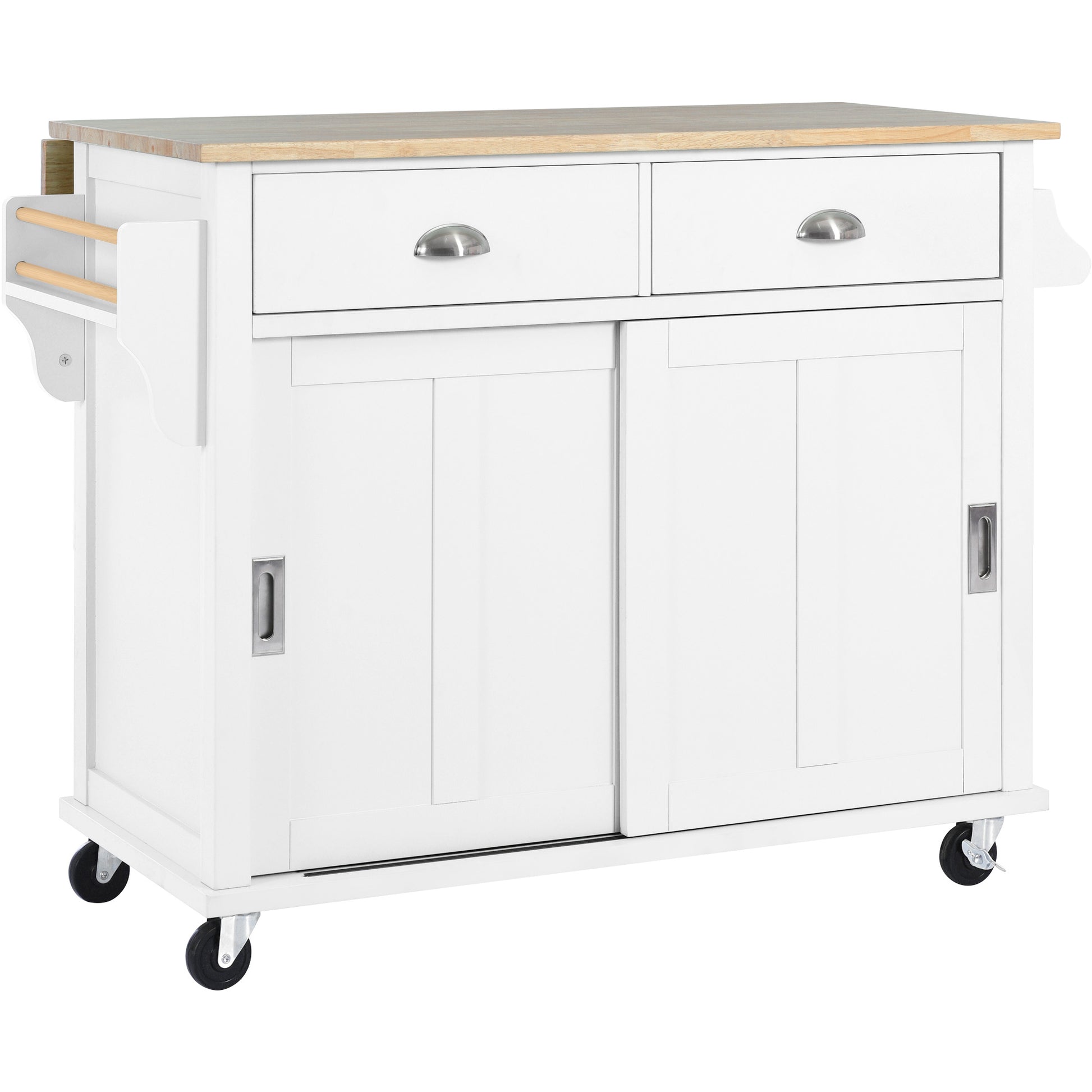Kitchen Cart With Rubber Wood Drop Leaf Countertop, Concealed Sliding Barn Door Adjustable Height,Kitchen Island On 4 Wheels With Storage Cabinet And 2 Drawers,L52.2Xw30.5Xh36.6 Inch, White White
