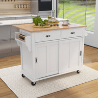 Kitchen Cart With Rubber Wood Drop Leaf Countertop, Concealed Sliding Barn Door Adjustable Height,Kitchen Island On 4 Wheels With Storage Cabinet And 2 Drawers,L52.2Xw30.5Xh36.6 Inch, White White