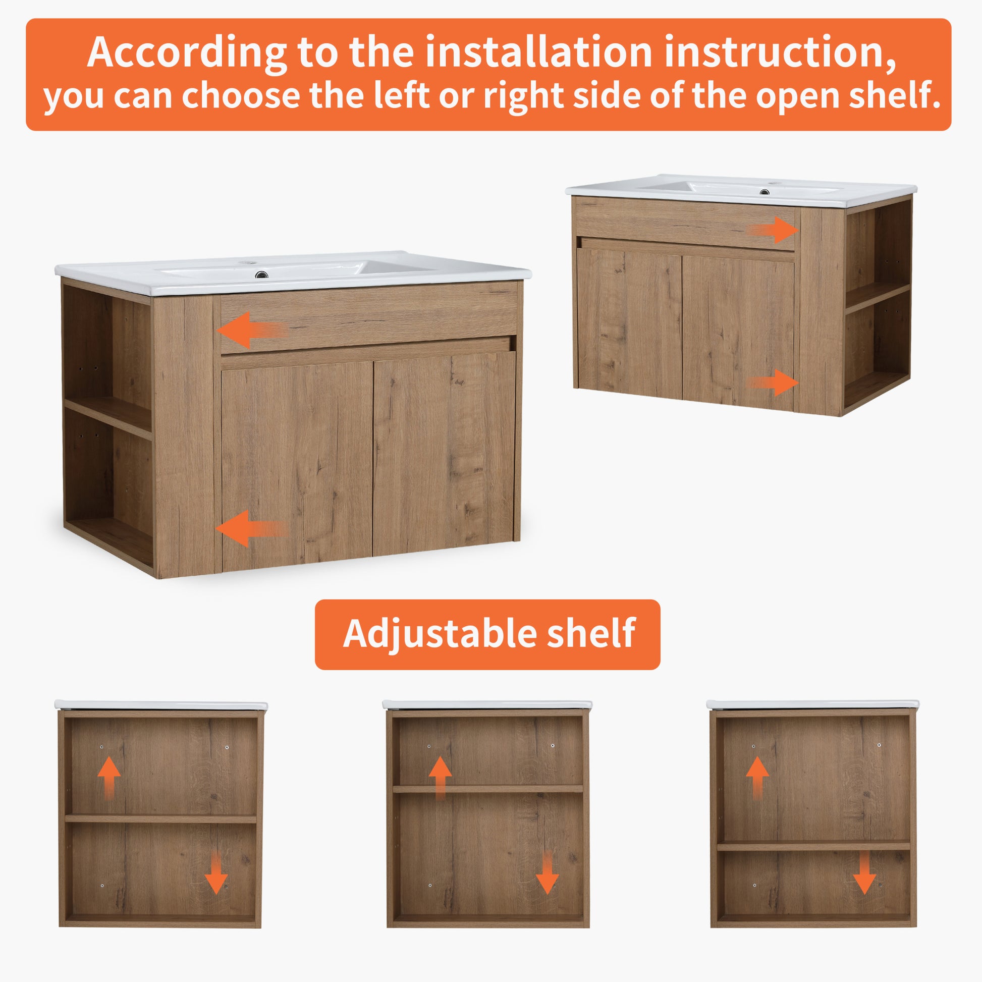 30 Inch Bathroom Vanity With White Ceramic Basin And Adjust Open Shelf Kd Packing Imitative Oak Plywood