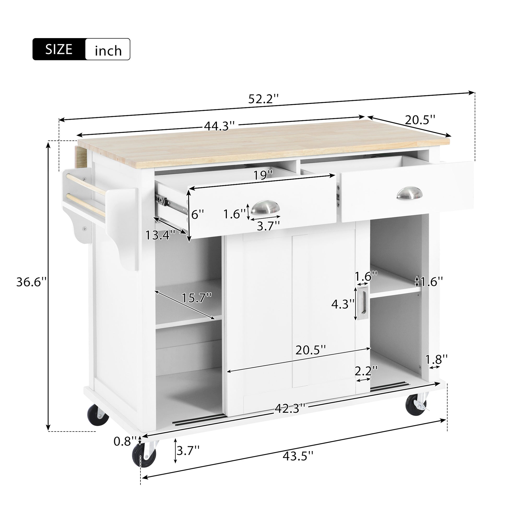 Kitchen Cart With Rubber Wood Drop Leaf Countertop, Concealed Sliding Barn Door Adjustable Height,Kitchen Island On 4 Wheels With Storage Cabinet And 2 Drawers,L52.2Xw30.5Xh36.6 Inch, White White