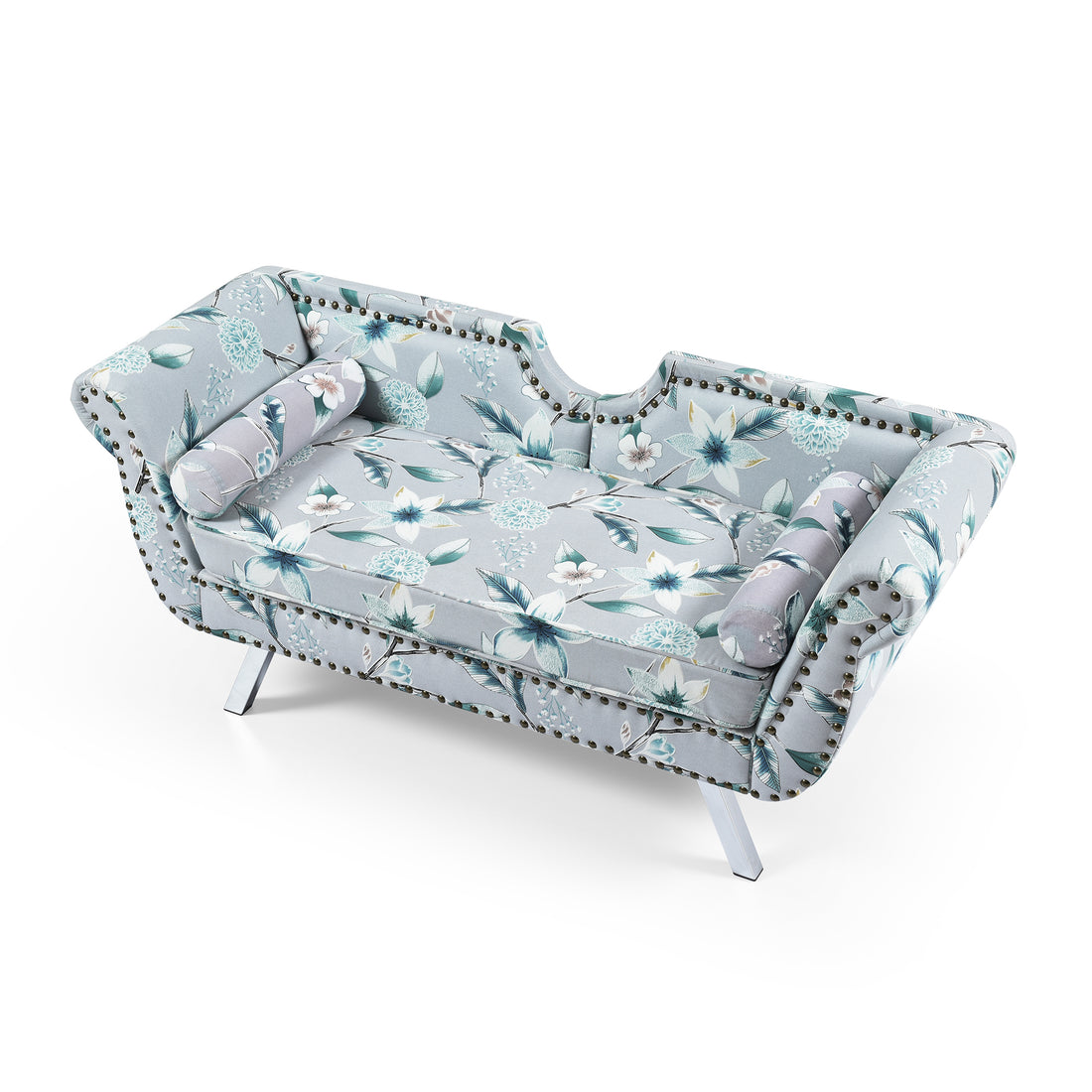 61"Width Modern Accent Printed Fabric Upholstered Loveseat Settee Trimming Curved Backrest Rolled Arms Couch With Washable Cushion Cover Silver Metal Legs Living Room Set,Flower Flower Velvet