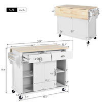 Kitchen Cart With Rubber Wood Drop Leaf Countertop, Concealed Sliding Barn Door Adjustable Height,Kitchen Island On 4 Wheels With Storage Cabinet And 2 Drawers,L52.2Xw30.5Xh36.6 Inch, White White