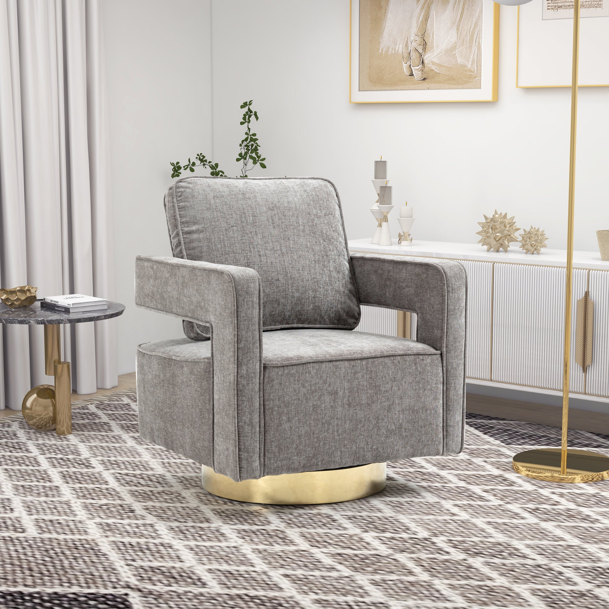 30.7"W Swivel Accent Open Back Chair Modern Comfy Sofa Chair With Gold Stainless Steel Base For Nursery Bedroom Living Room Hotel Office, Club Chair Leisure Arm Chair For Lounge Gray Chenille Gray