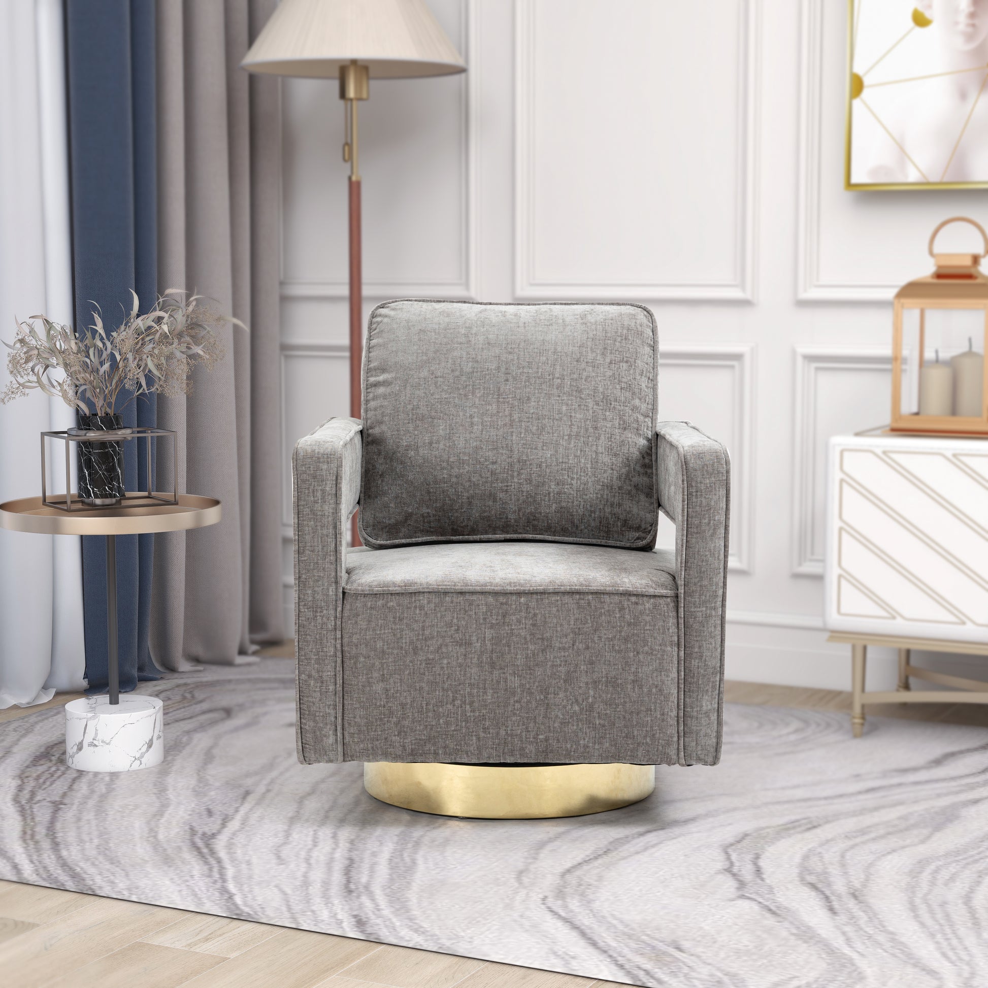 30.7"W Swivel Accent Open Back Chair Modern Comfy Sofa Chair With Gold Stainless Steel Base For Nursery Bedroom Living Room Hotel Office, Club Chair Leisure Arm Chair For Lounge Gray Chenille Gray