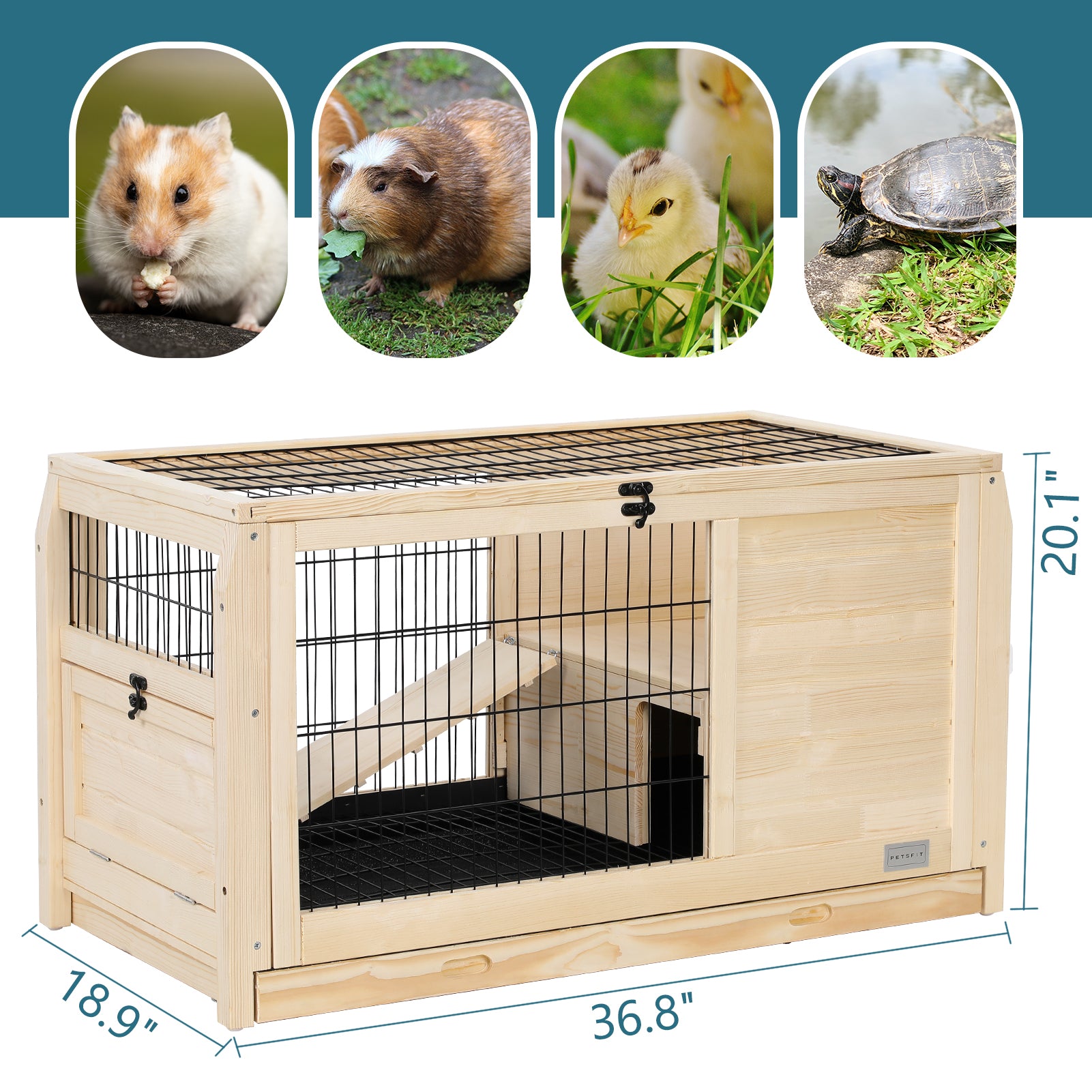 Wooden Rabbit Hutch Indoor Bunny House For Small Animals With Plastic Tray Natural Solid Wood