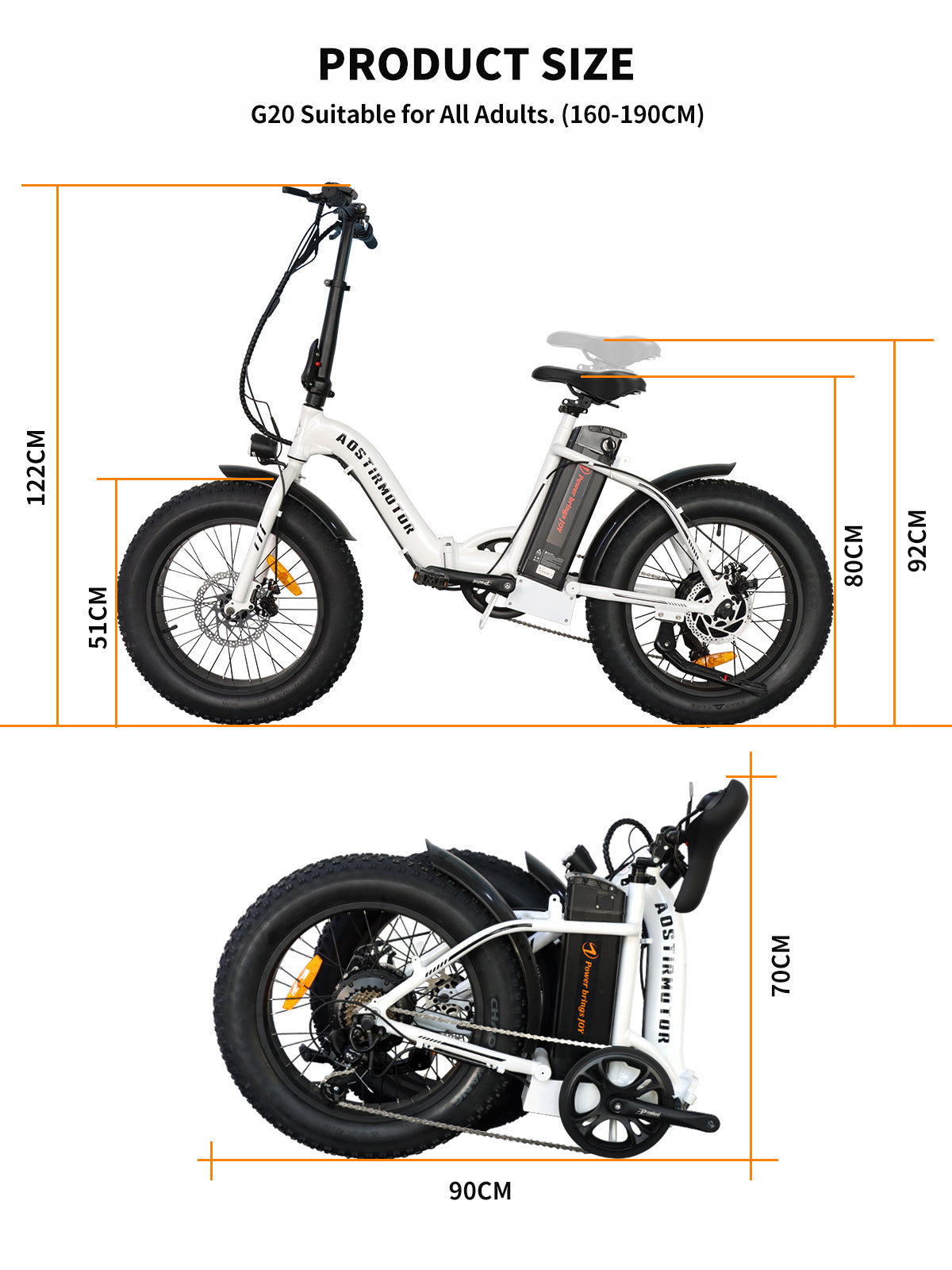 Aostirmotor G20 Folding Electric Bike Ebike Bicycle 500W Motor 20" Fat Tire With 36V 13Ah Li Battery Model White Aluminium