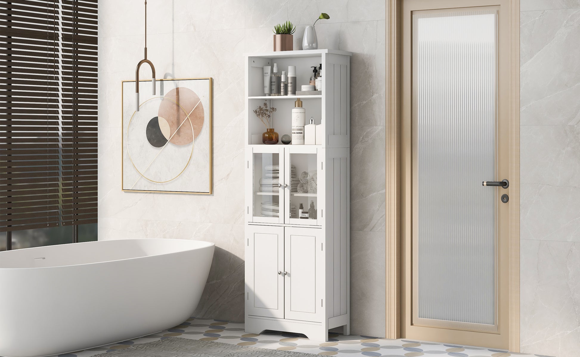 White Tall Storage Cabinet With Shelves And Doors For Bathroom, Kitchen And Living Room, Mdf Board White Mdf