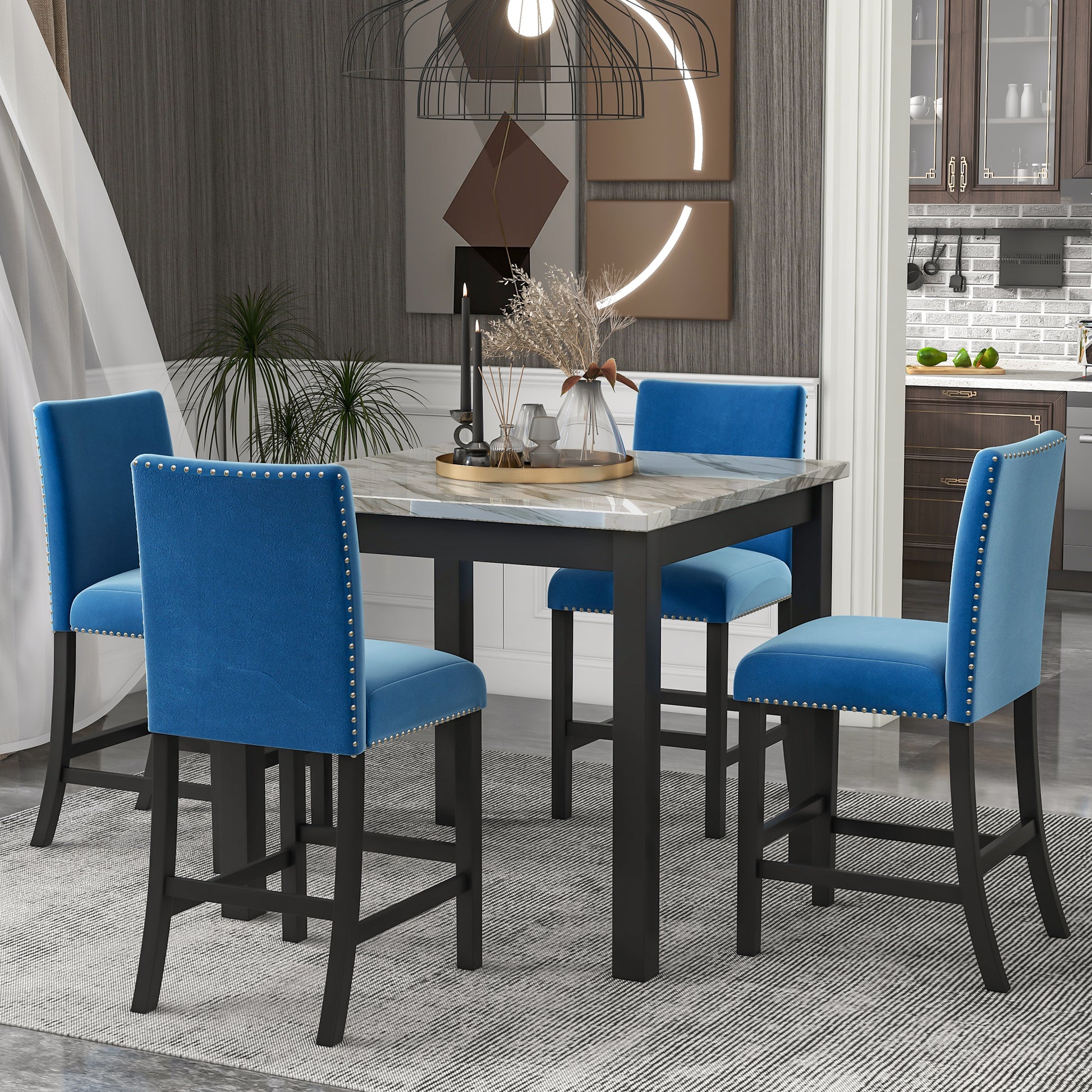 5 Piece Counter Height Dining Table Set With One Faux Marble Dining Table And Four Upholstered Seat Chairs, Table Top: 40In.L X40In.W, For Kitchen And Living Room Furniture,Blue Blue Mdf