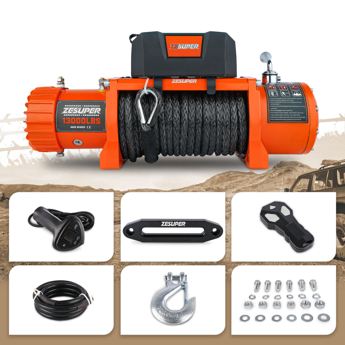 Zesuper 13000 Lb Load Capacity Electric Winch 12V Waterproof Ip67 Winch Truck Winch Kit Synthetic Rope, Waterproof Off Road Winch For Jeep,Truck,Suv With Wirless Remote And Corded Control Orange Stainless Steel