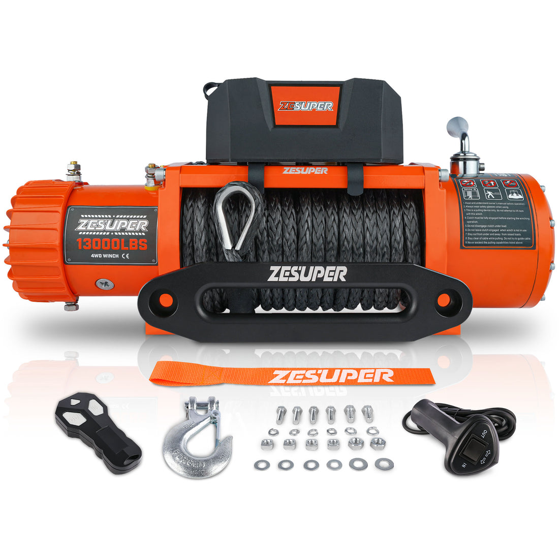 Zesuper 13000 Lb Load Capacity Electric Winch 12V Waterproof Ip67 Winch Truck Winch Kit Synthetic Rope, Waterproof Off Road Winch For Jeep,Truck,Suv With Wirless Remote And Corded Control Orange Stainless Steel