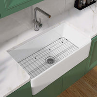 30 Inch Fireclay Farmhouse Kitchen Sink White Single Bowl Apron Front Kitchen Sink, Bottom Grid And Kitchen Sink Drain Included Natural Modern Fireclay