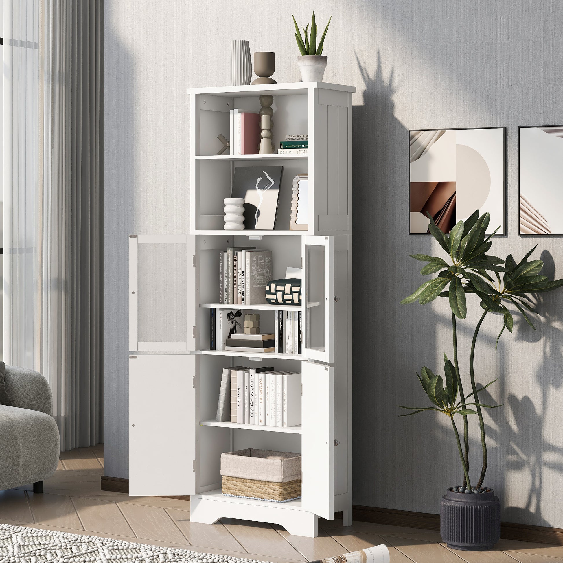 White Tall Storage Cabinet With Shelves And Doors For Bathroom, Kitchen And Living Room, Mdf Board White Mdf