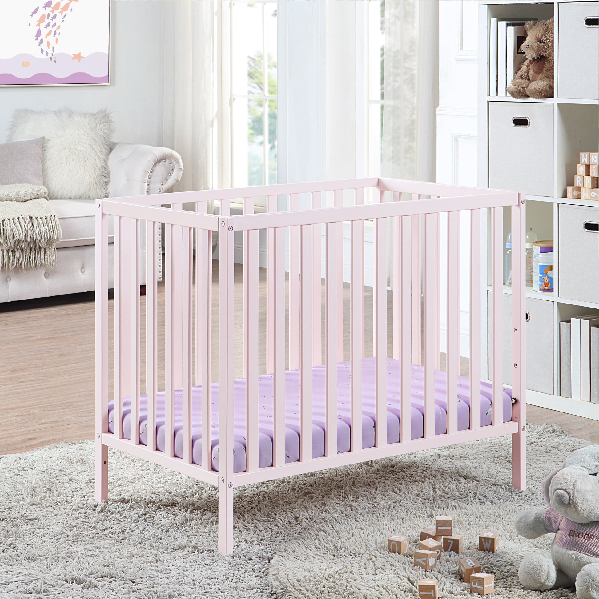 Palmer 3 In 1 Convertible Mini Crib Pastel Pink W Mattress Pad Pink Solid Wood