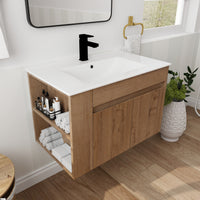 30 Inch Bathroom Vanity With White Ceramic Basin And Adjust Open Shelf Kd Packing Imitative Oak Plywood