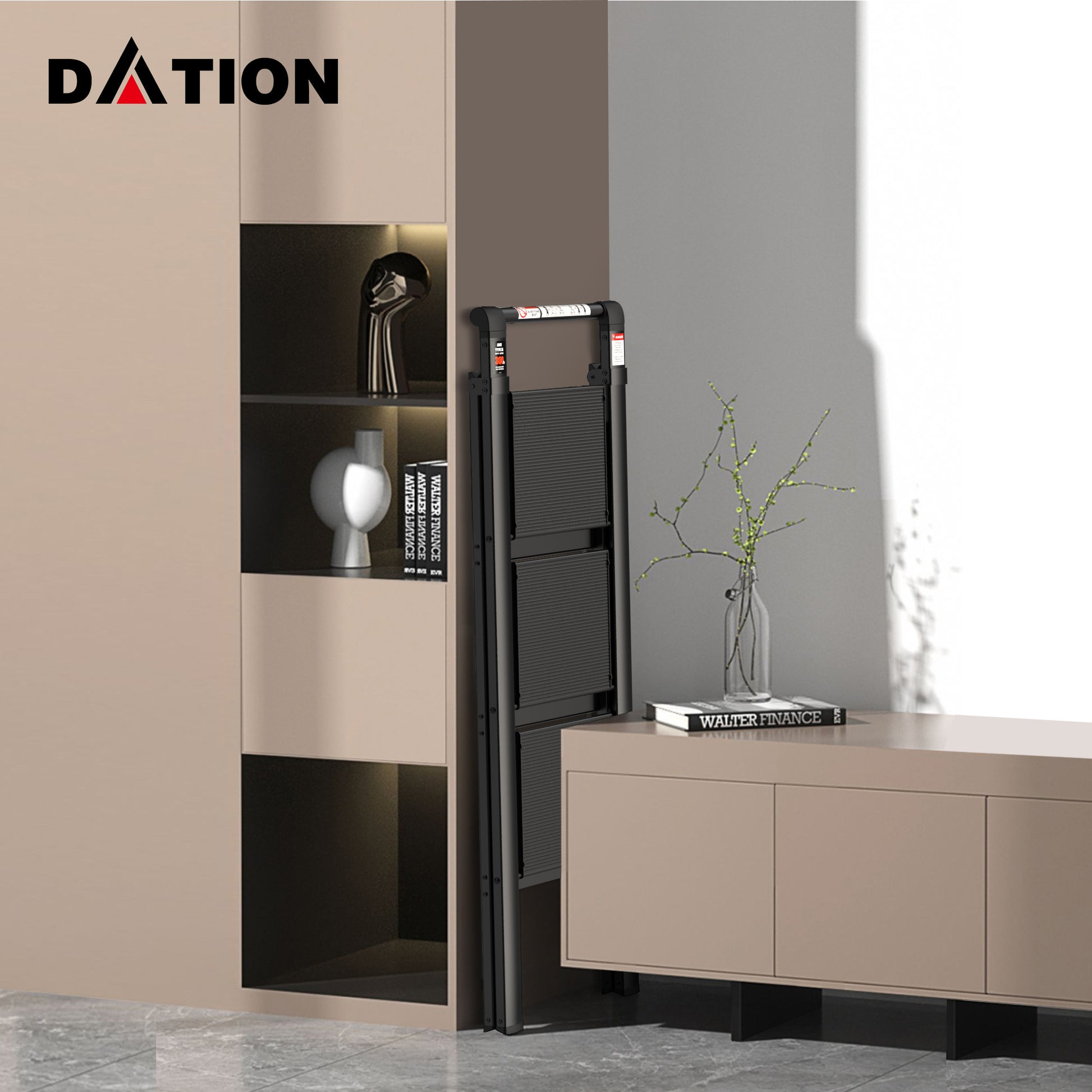 3 Step Ladder, Retractable Handgrip Folding Step Stool With Anti Slip Wide Pedal, Aluminum Stool Ladders 3 Steps, 300Lbs Safety Household Ladder Black Pc Aluminium