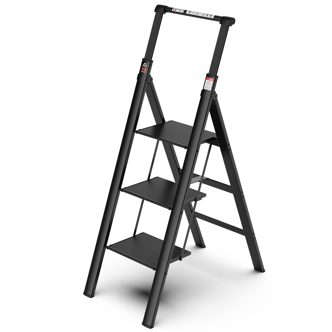 3 Step Ladder, Retractable Handgrip Folding Step Stool With Anti Slip Wide Pedal, Aluminum Stool Ladders 3 Steps, 300Lbs Safety Household Ladder Black Pc Aluminium