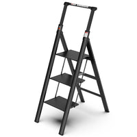 3 Step Ladder, Retractable Handgrip Folding Step Stool With Anti Slip Wide Pedal, Aluminum Stool Ladders 3 Steps, 300Lbs Safety Household Ladder Black Pc Aluminium