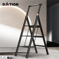 3 Step Ladder, Retractable Handgrip Folding Step Stool With Anti Slip Wide Pedal, Aluminum Stool Ladders 3 Steps, 300Lbs Safety Household Ladder Black Pc Aluminium