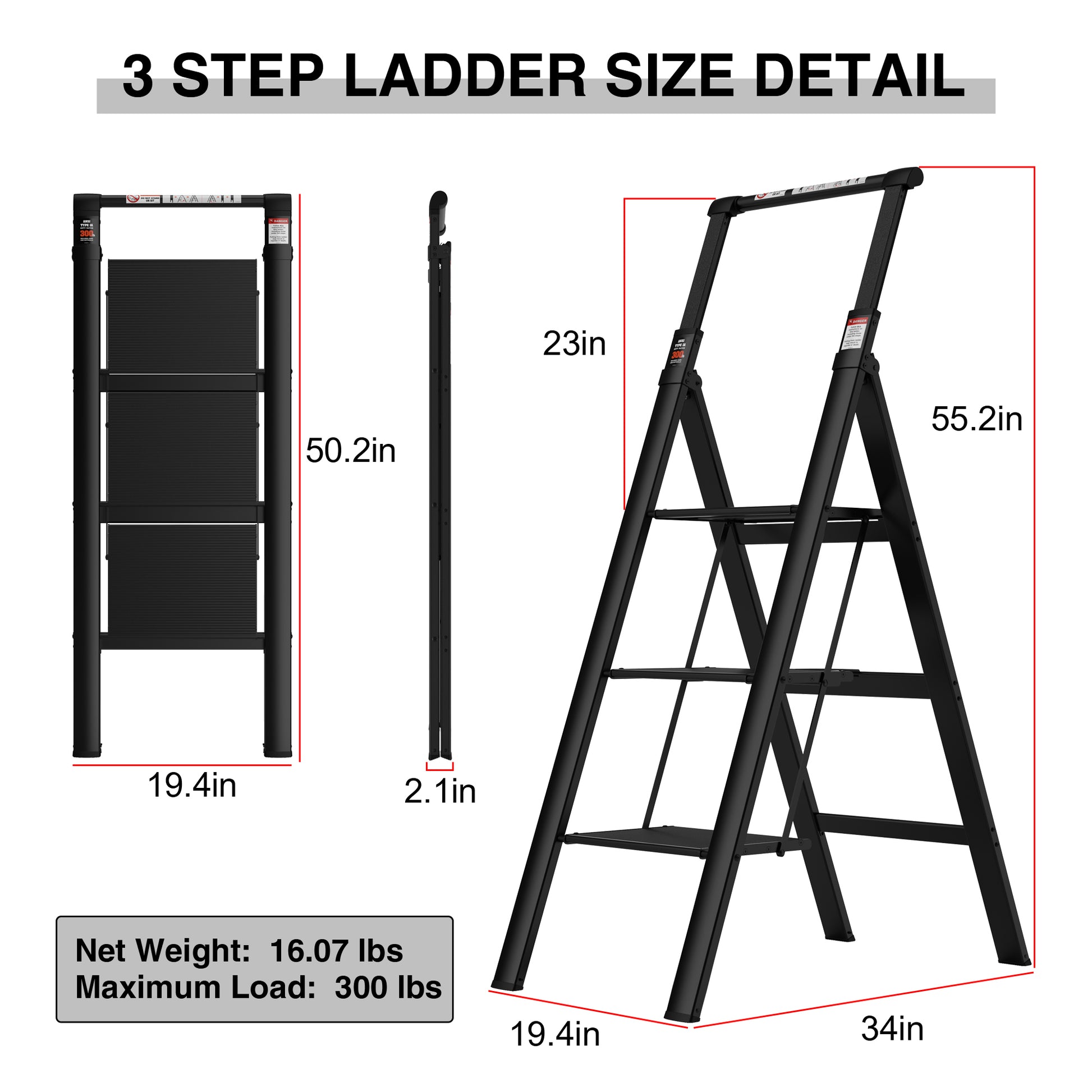 3 Step Ladder, Retractable Handgrip Folding Step Stool With Anti Slip Wide Pedal, Aluminum Stool Ladders 3 Steps, 300Lbs Safety Household Ladder Black Pc Aluminium