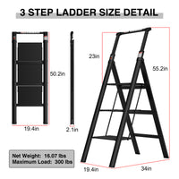 3 Step Ladder, Retractable Handgrip Folding Step Stool With Anti Slip Wide Pedal, Aluminum Stool Ladders 3 Steps, 300Lbs Safety Household Ladder Black Pc Aluminium