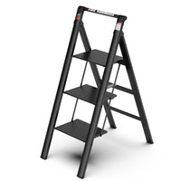 3 Step Ladder, Retractable Handgrip Folding Step Stool With Anti Slip Wide Pedal, Aluminum Stool Ladders 3 Steps, 300Lbs Safety Household Ladder Black Pc Aluminium