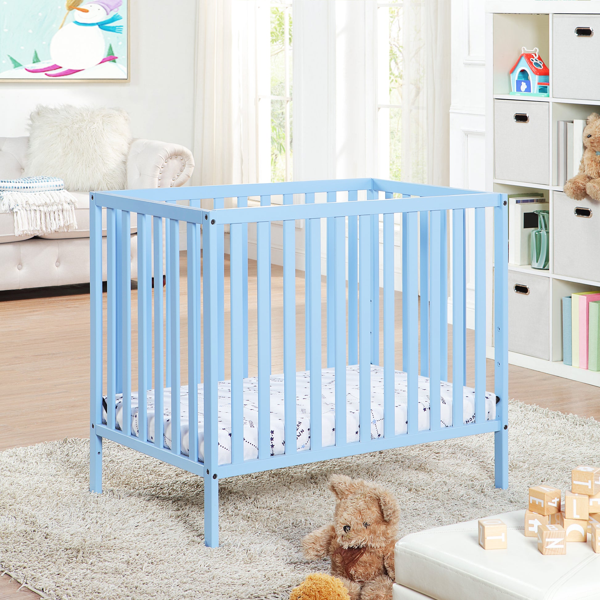 Palmer 3 In 1 Convertible Mini Crib Baby Blue W Mattress Pad Baby Blue Solid Wood