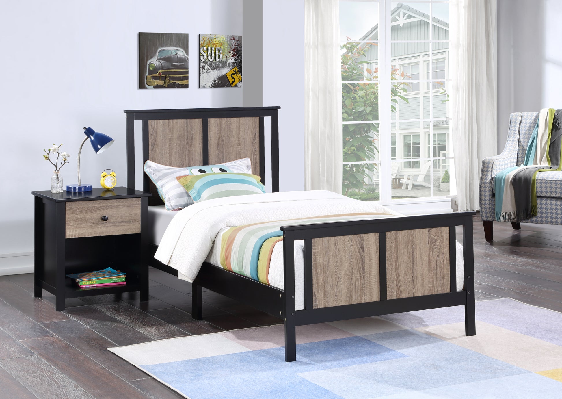 Connelly Reversible Panel Twin Bed Black Vintage Walnut Black Solid Wood