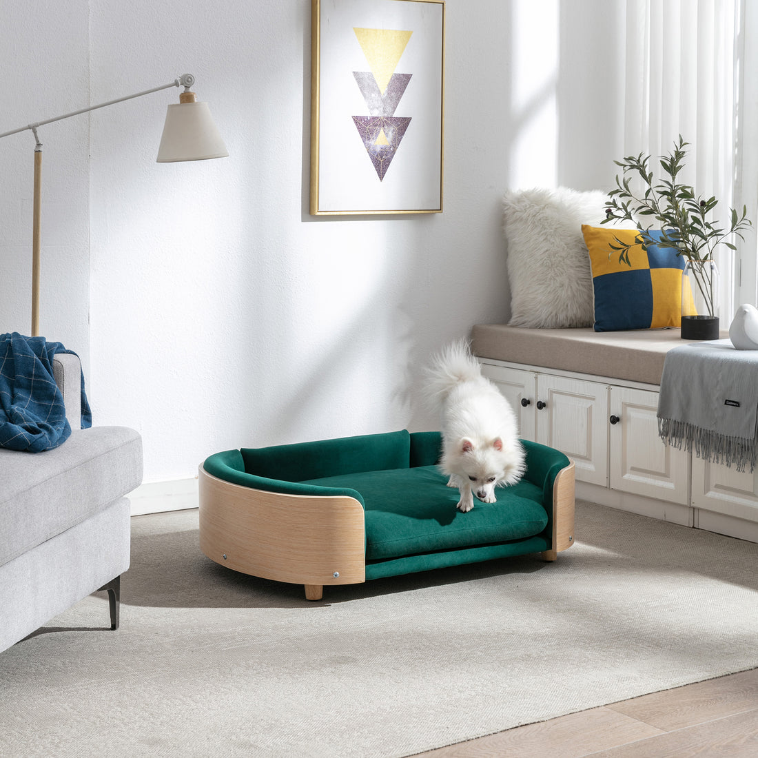 Scandinavian Style Elevated Dog Bed Pet Sofa With Solid Wood Legs And Bent Wood Back, Velvet Cushion,Large Size Green Foam Solid Wood