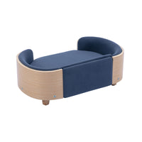 Scandinavian Style Elevated Dog Bed Pet Sofa With Solid Wood Legs And Bent Wood Back, Velvet Cushion,Small Size Dark Blue Foam Solid Wood