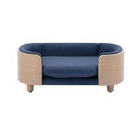 Scandinavian Style Elevated Dog Bed Pet Sofa With Solid Wood Legs And Bent Wood Back, Velvet Cushion,Small Size Dark Blue Foam Solid Wood