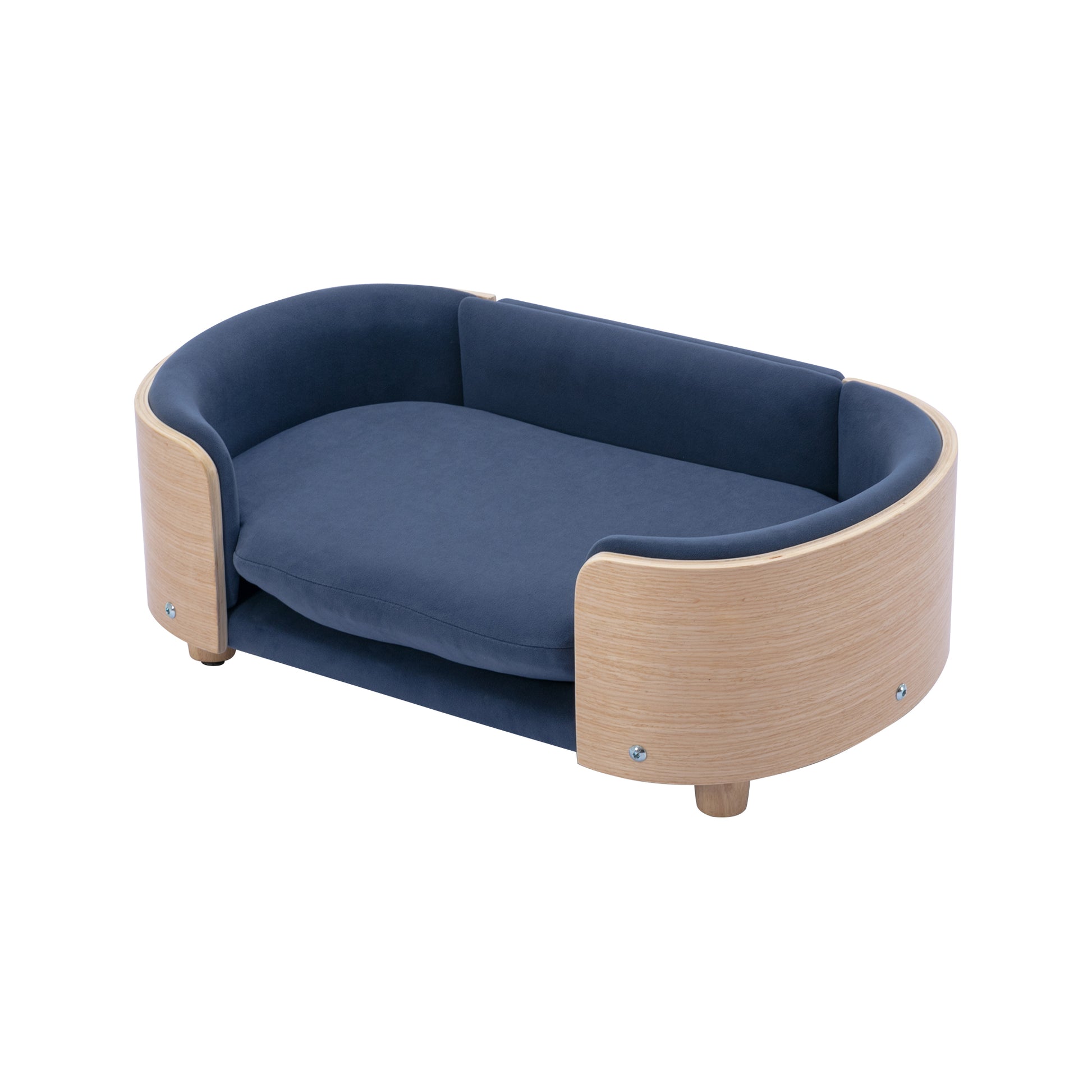 Scandinavian Style Elevated Dog Bed Pet Sofa With Solid Wood Legs And Bent Wood Back, Velvet Cushion,Small Size Dark Blue Foam Solid Wood