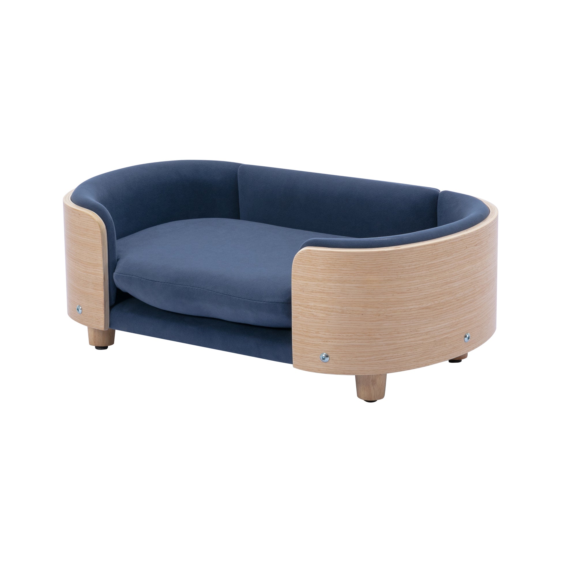 Scandinavian Style Elevated Dog Bed Pet Sofa With Solid Wood Legs And Bent Wood Back, Velvet Cushion,Small Size Dark Blue Foam Solid Wood