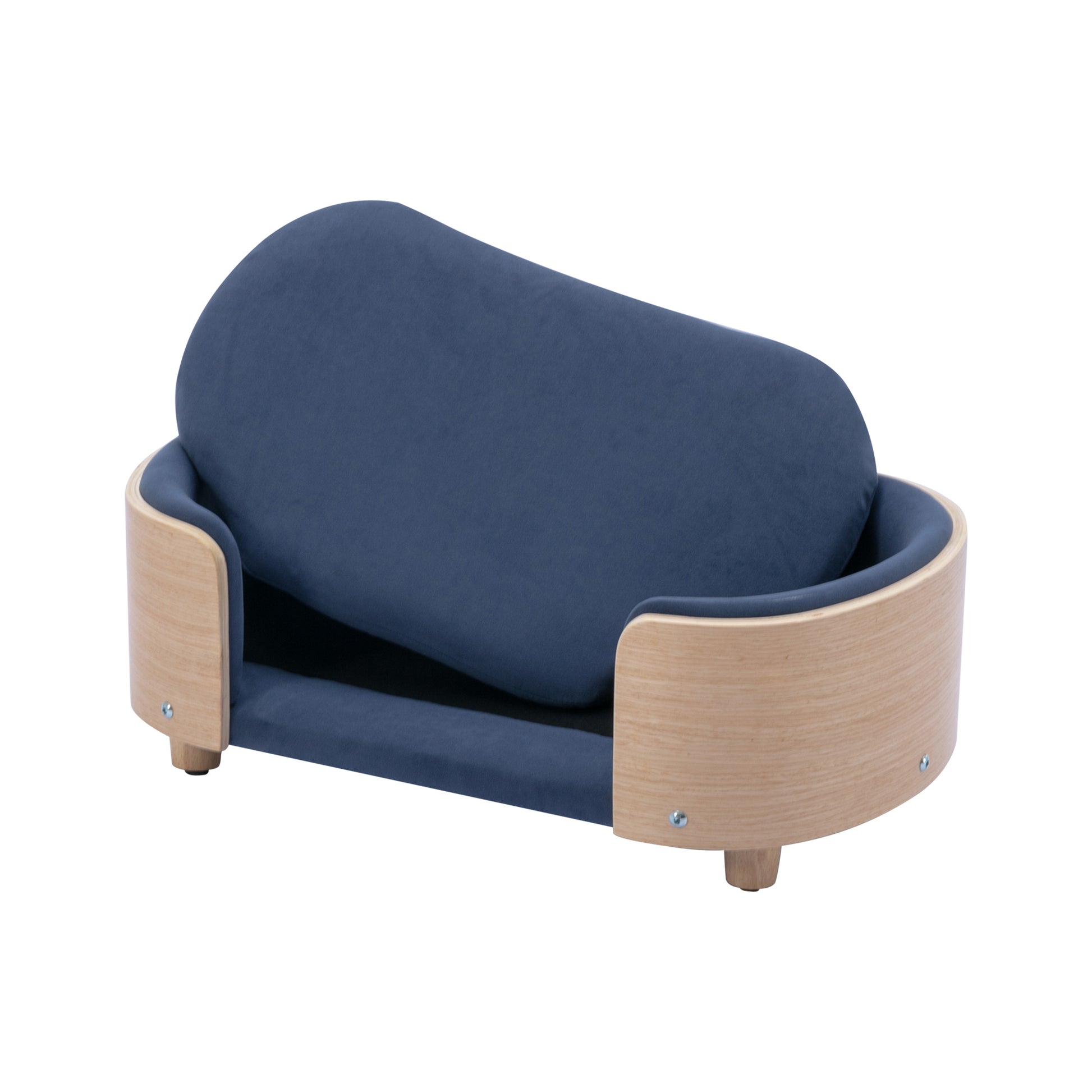 Scandinavian Style Elevated Dog Bed Pet Sofa With Solid Wood Legs And Bent Wood Back, Velvet Cushion,Small Size Dark Blue Foam Solid Wood