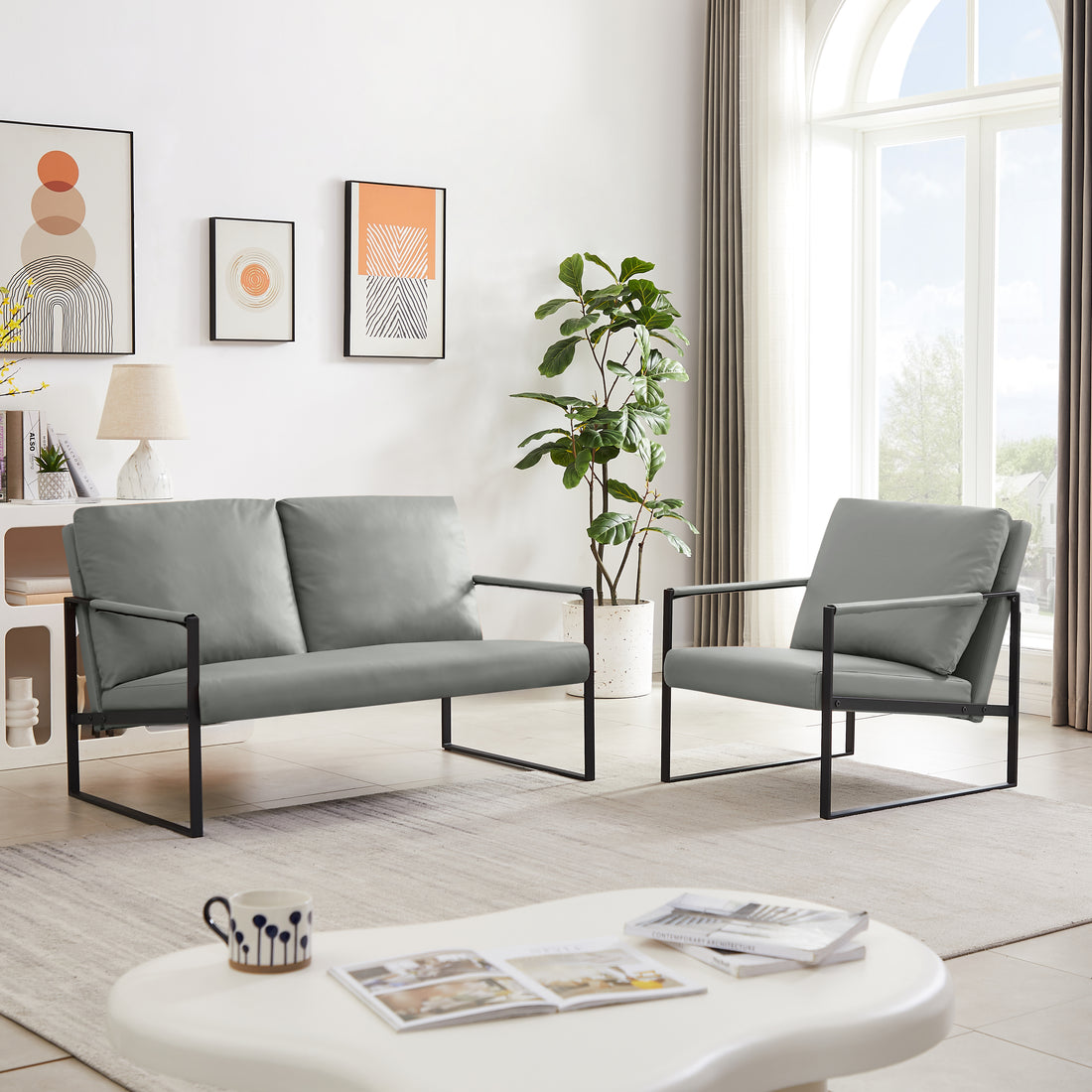 Lounge, Living Room, Office Or The Reception Area Pvc Leather Accent Arm Chair With Extra Thick Padded Backrest And Seat Cushion Sofa Chairs,Non Slip Adsorption Feet,Sturdy Metal Frame,Gray Gray