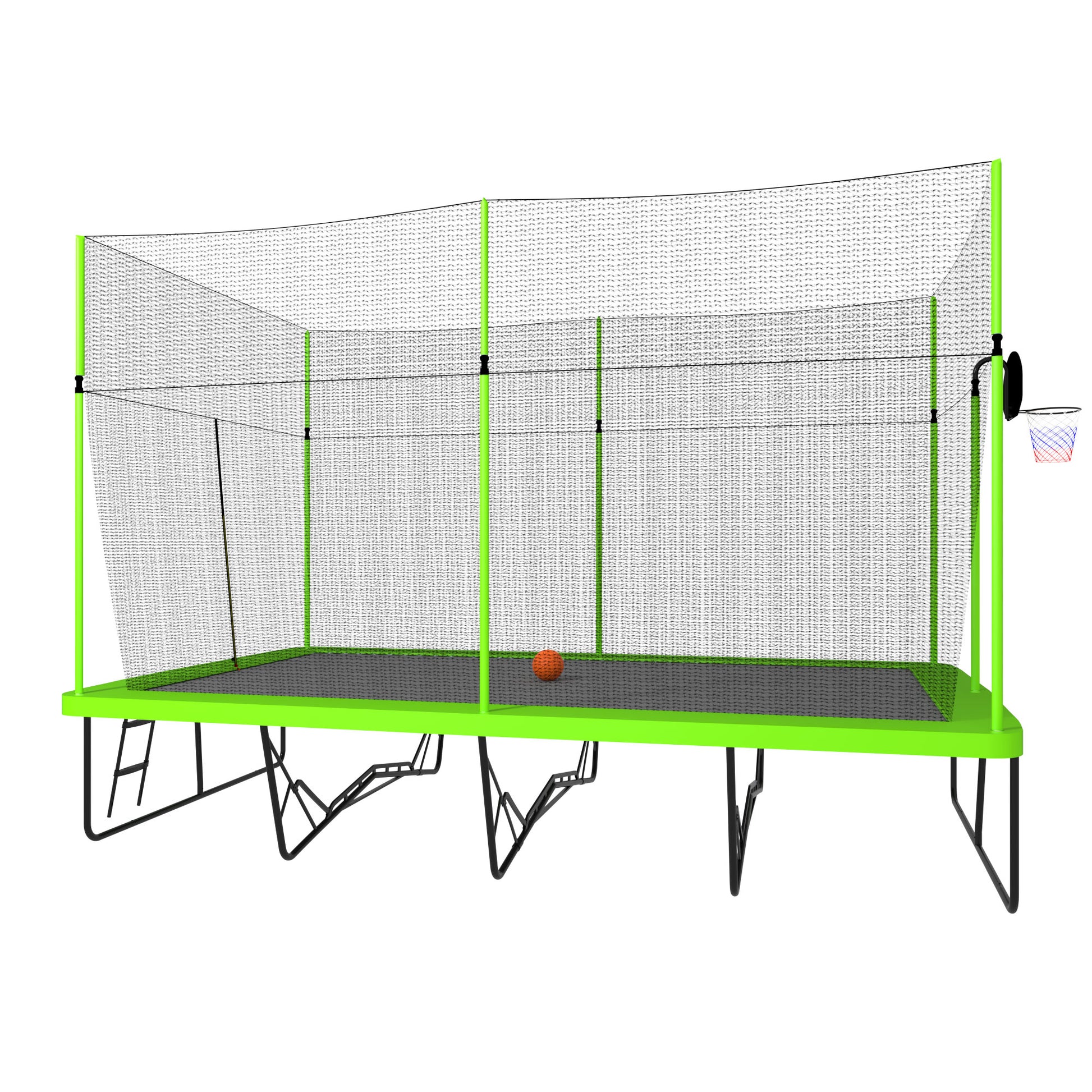 10Ft By 17Ft Rectangule Trampoline With Green Fabric Black Powder Coated Galvanized Steel Tubes With Basketball Hoop System Advanced Ladder Green Steel