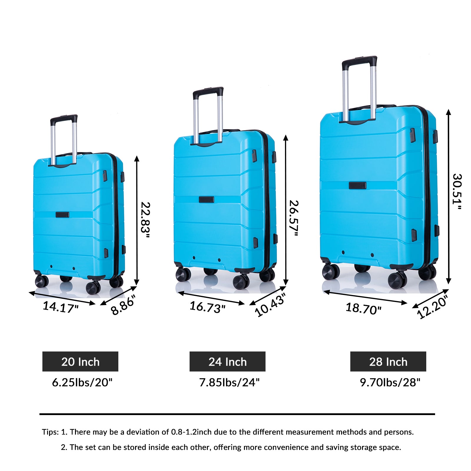 Hardshell Suitcase Spinner Wheels Pp Luggage Sets Lightweight Suitcase With Tsa Lock,3 Piece Set 20 24 28 ,Light Blue Light Blue Polypropylene