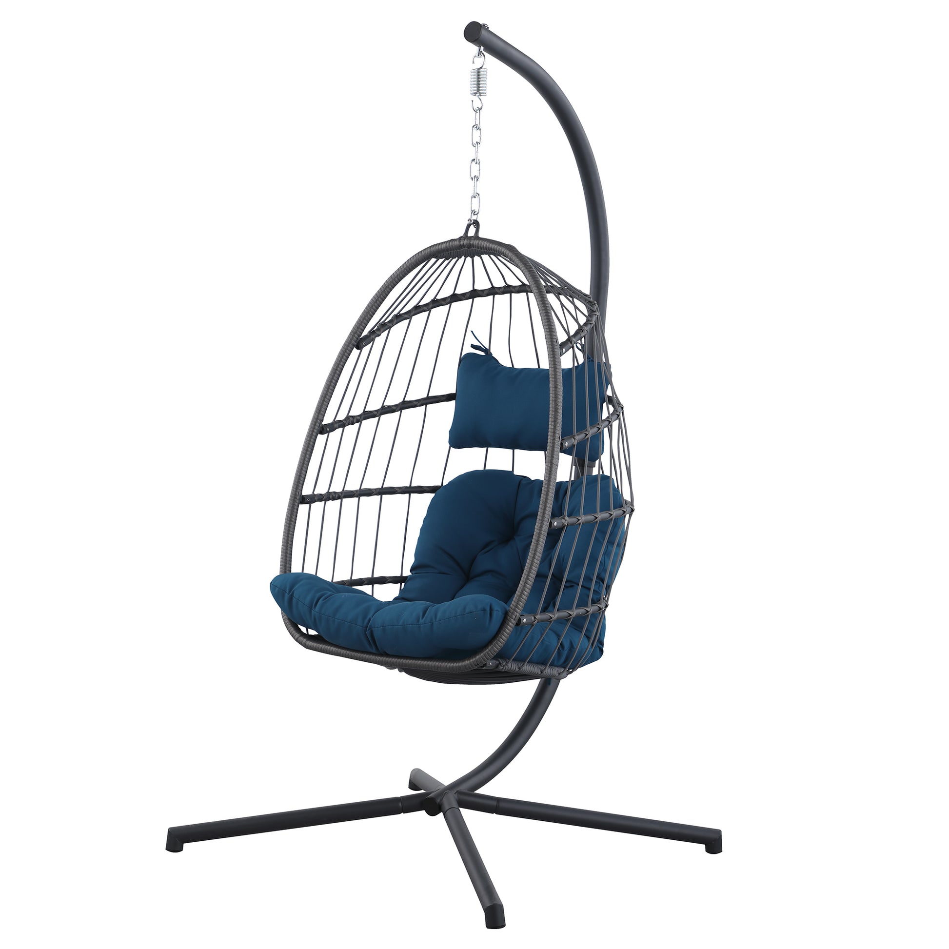 Outdoor Patio Wicker Hanging Chair Swing Chair Patio Egg Chair Uv Resistant Dark Blue Cushion Aluminum Frame Dark Grey Aluminum