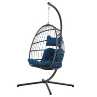 Outdoor Patio Wicker Hanging Chair Swing Chair Patio Egg Chair Uv Resistant Dark Blue Cushion Aluminum Frame Dark Grey Aluminum